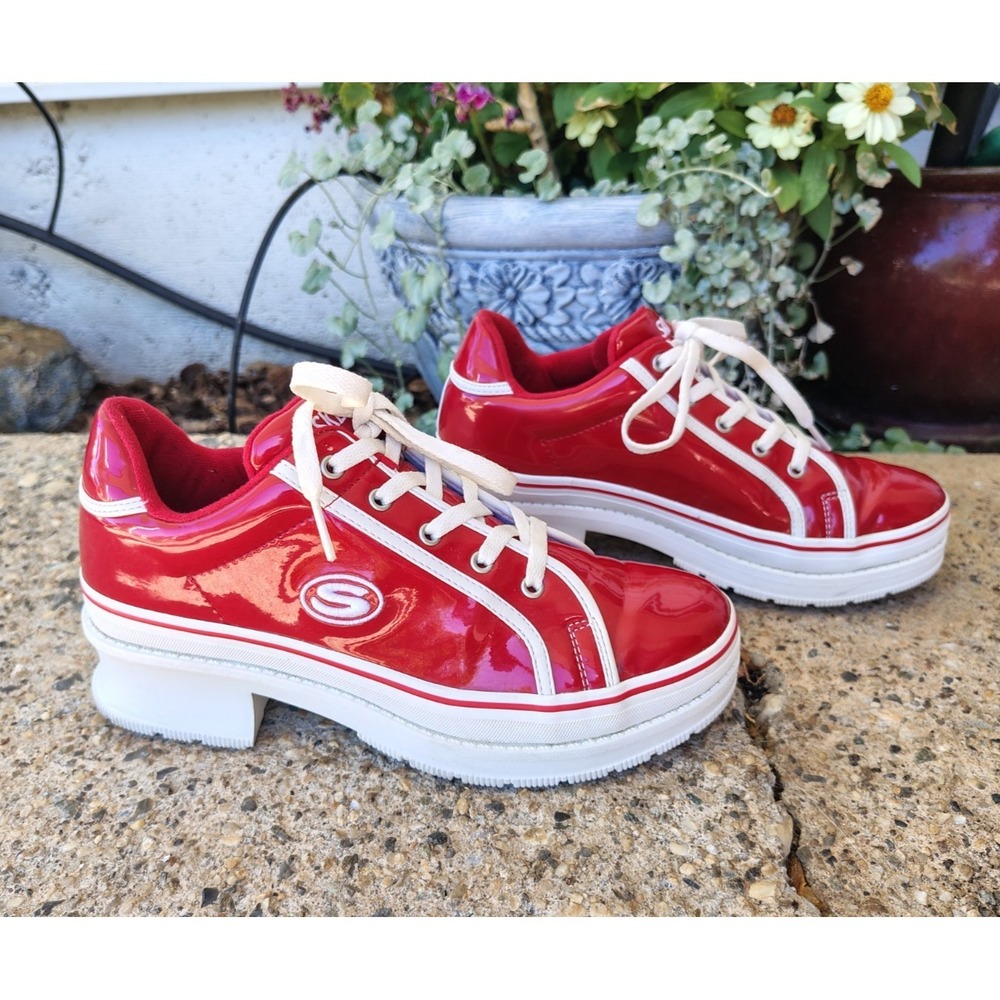 Skechers Retro Y2K Heartbeats Loud Red White Patent Sneakers 8.5 Platform Chunky